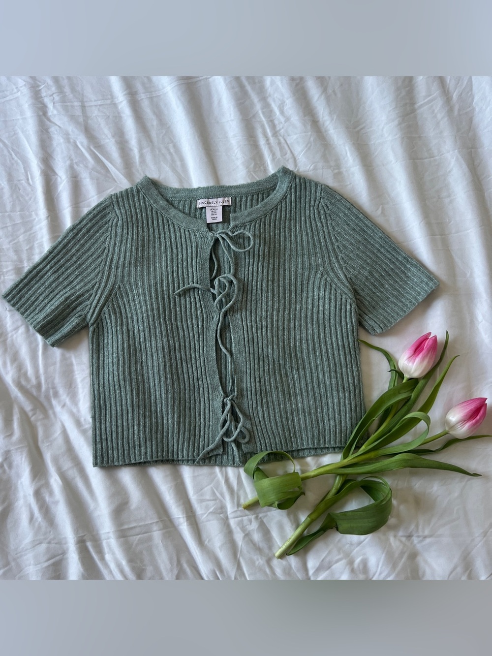 Sincerely Jules Sage Green Ribbed Tie-Front Short-Sleeve Sweater